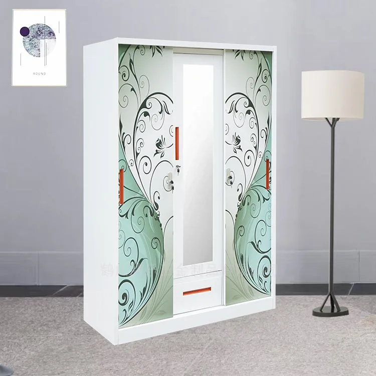 Large Storage Modern Metal Bedroom Furniture Key Lock Mirror Wardrobe with OEM.ODM Home Furniture Dorm Locker