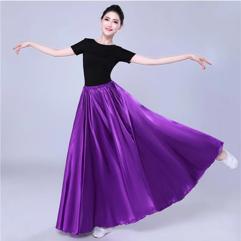360 Degree Satin Skirt Belly Dance Women Gypsy Long Skirts Dancer Practice Wear Assorted Solid 