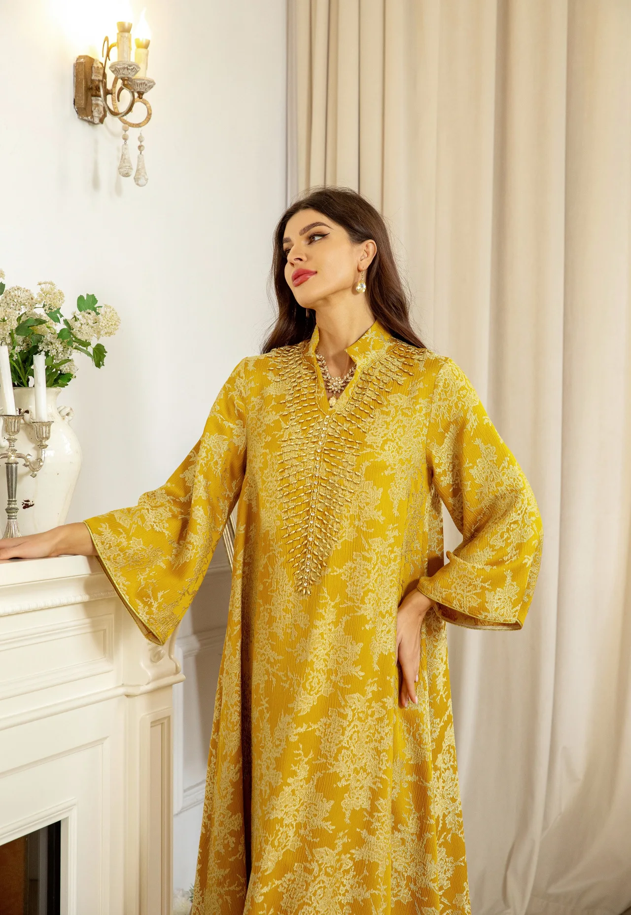 New Eid Muslim Dress for Women Beading Stand Collar Jalabiya Party Dress Arab Long Robe Morocco Kaftan Embroidery Luxury Thawb factory