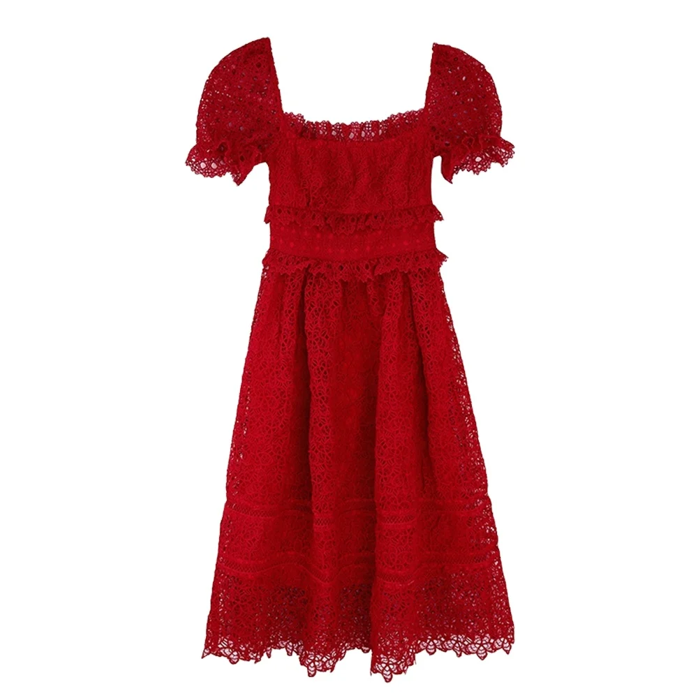 European And American Women's Lace Puff Sleeve Dress High-waist Tube Top  One-line Neck Hook Flower Hollow Holiday Dress - Buy Lace Hollow High Waist  Slim-fit Puff Sleeves Mid-length Big Hem Puffy