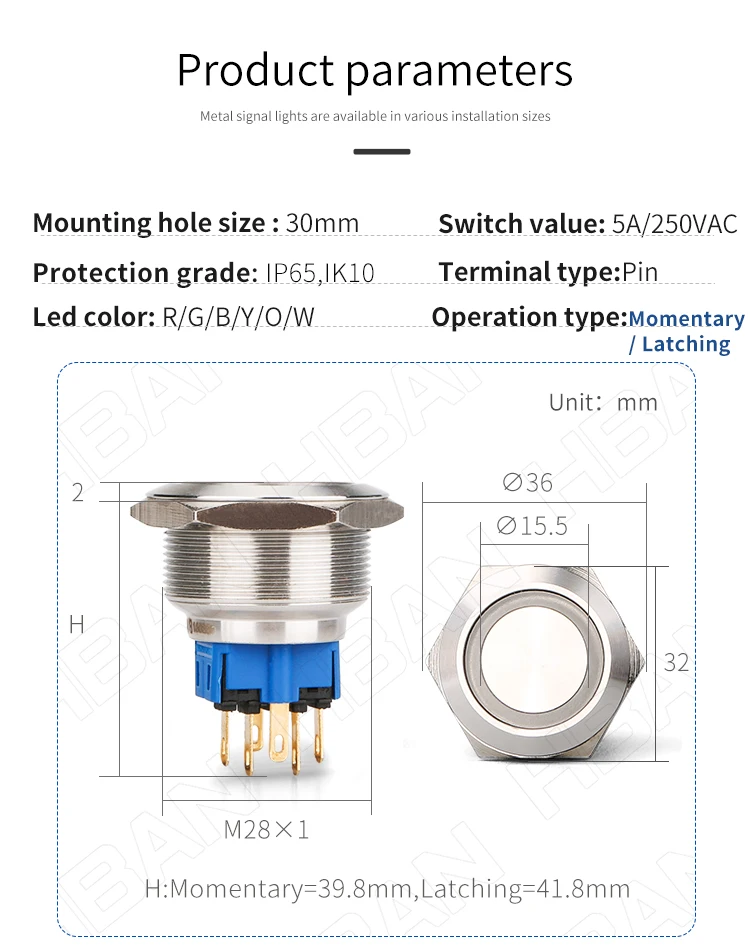 Hban 30mm Flat Head Push Button Switches 1no1nc Stainless Steel Ring