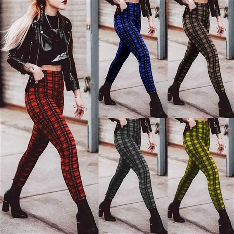 Casual Stretch Leggings,Plaid 