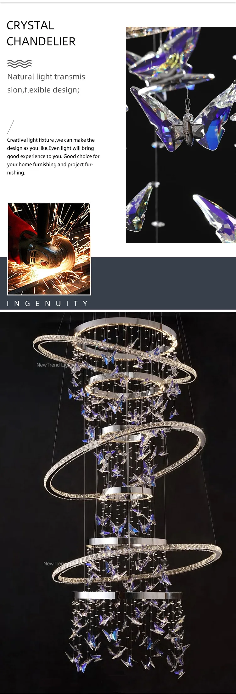 CPL-385 Luxury Custom Lighting Indoor Decoration Hotel Lobby Villa Staircase Ring Butterfly Crystal Led Chandelier manufacture