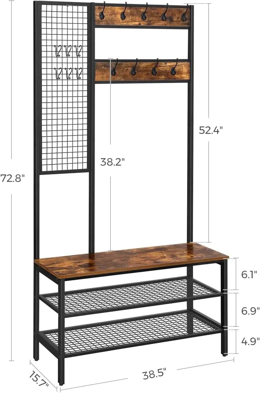 YQ Forever MDF Removable Metal Frame Shoe Shelf Hooks Freestanding Hall Tree Entryway Table Storage Coat Rack