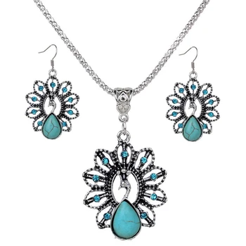 Turquoise Peacock Pendent Necklace And Earring Vintage Bohemia Jewelry Sets