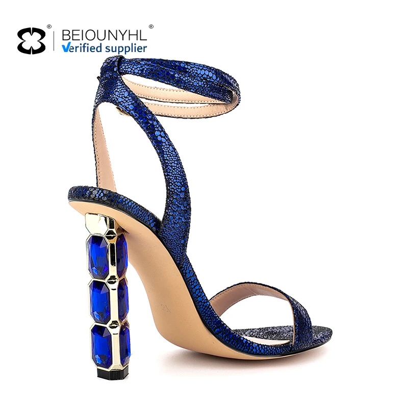 Sexy Royal Blue Diamond Rhinestone Chunky High Heel Women Dress Shoes Snakeskin Black White Ankle Strap Toe beaded ankle sandals