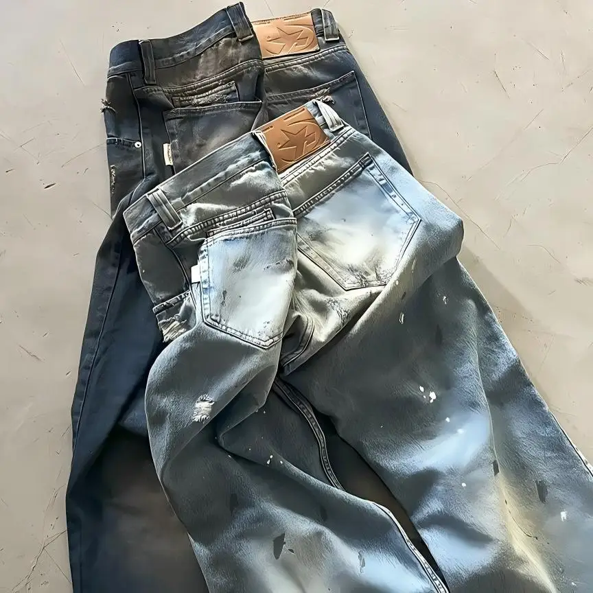 product custom pocket style street distressed retro jeans loose mens sun bleached knee ripped hole wide leg pants-3