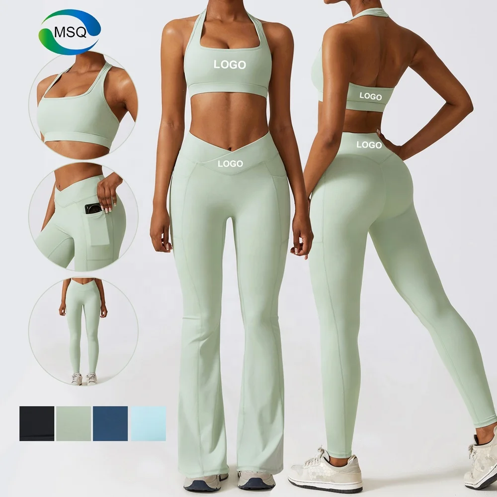 OEM Custom Logo Women Yoga Suits Nylon Spandex Sexy Halter Bra Flared Leggings Pocket Pants Gym Fitness Sportswear Yoga Sets
