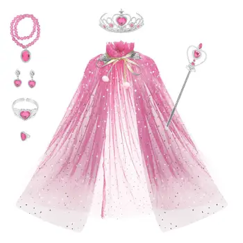 New Arrival Summer Soft Yarn Solid Color Star Sequins Fairy Cape with Accessories Set Elsa Princess Cloak for Kids Girls