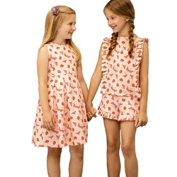 Fashion cute printing pattern sleeveless girls dresses kids new design shirt and shorts matching baby girls' clothing sets