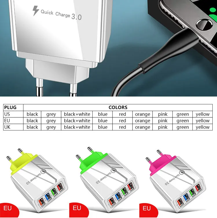 Fast Charging EU US UK 4 Ports 3.1A Mobile Cable Phone QC 3.0 Travel Wall Charger for IOS Android Power Bank