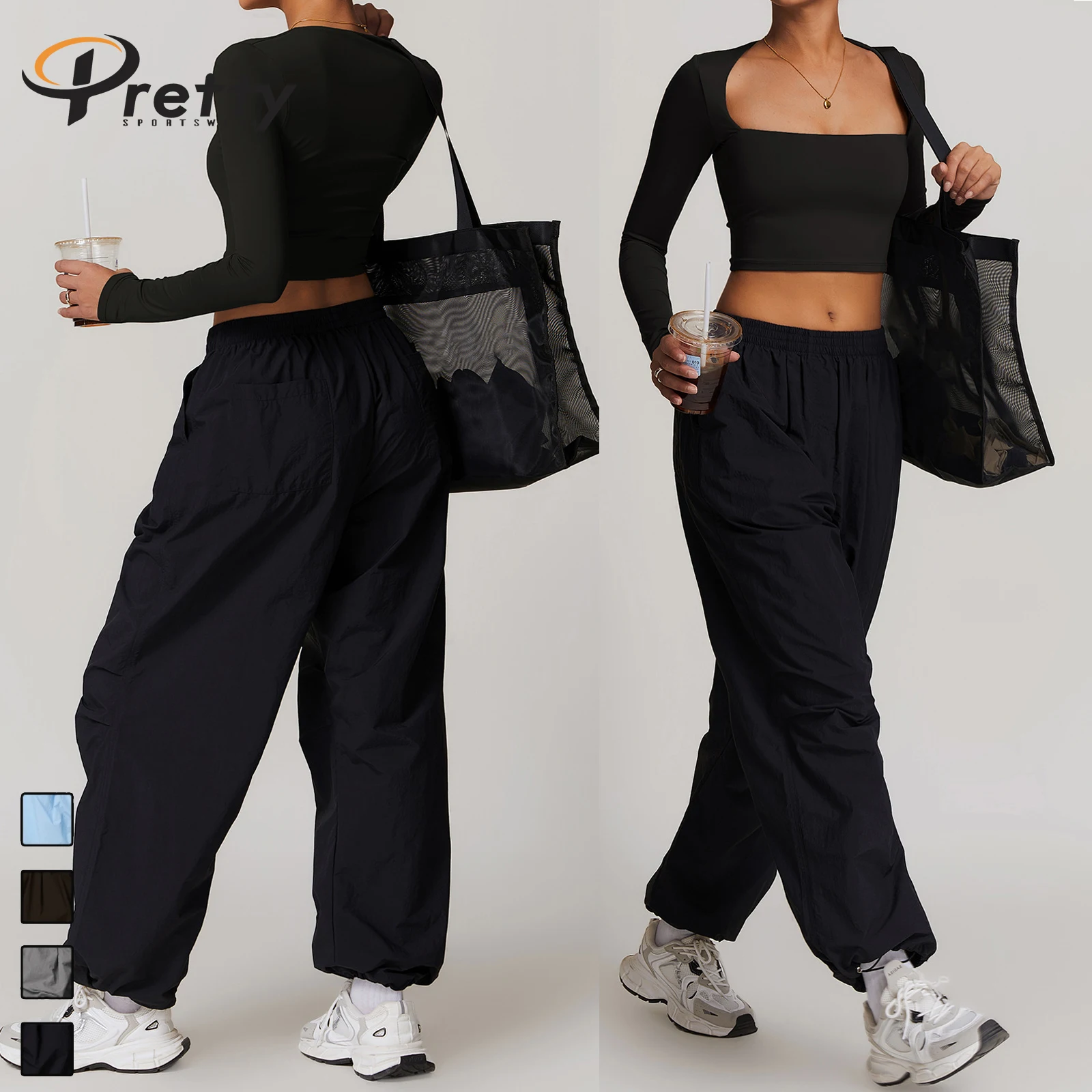 2024 Breathable Street Style Cargo Pants Women's Streetwear Draw Rope Design Casual Multi-pocket Running Loose Fitness Pants