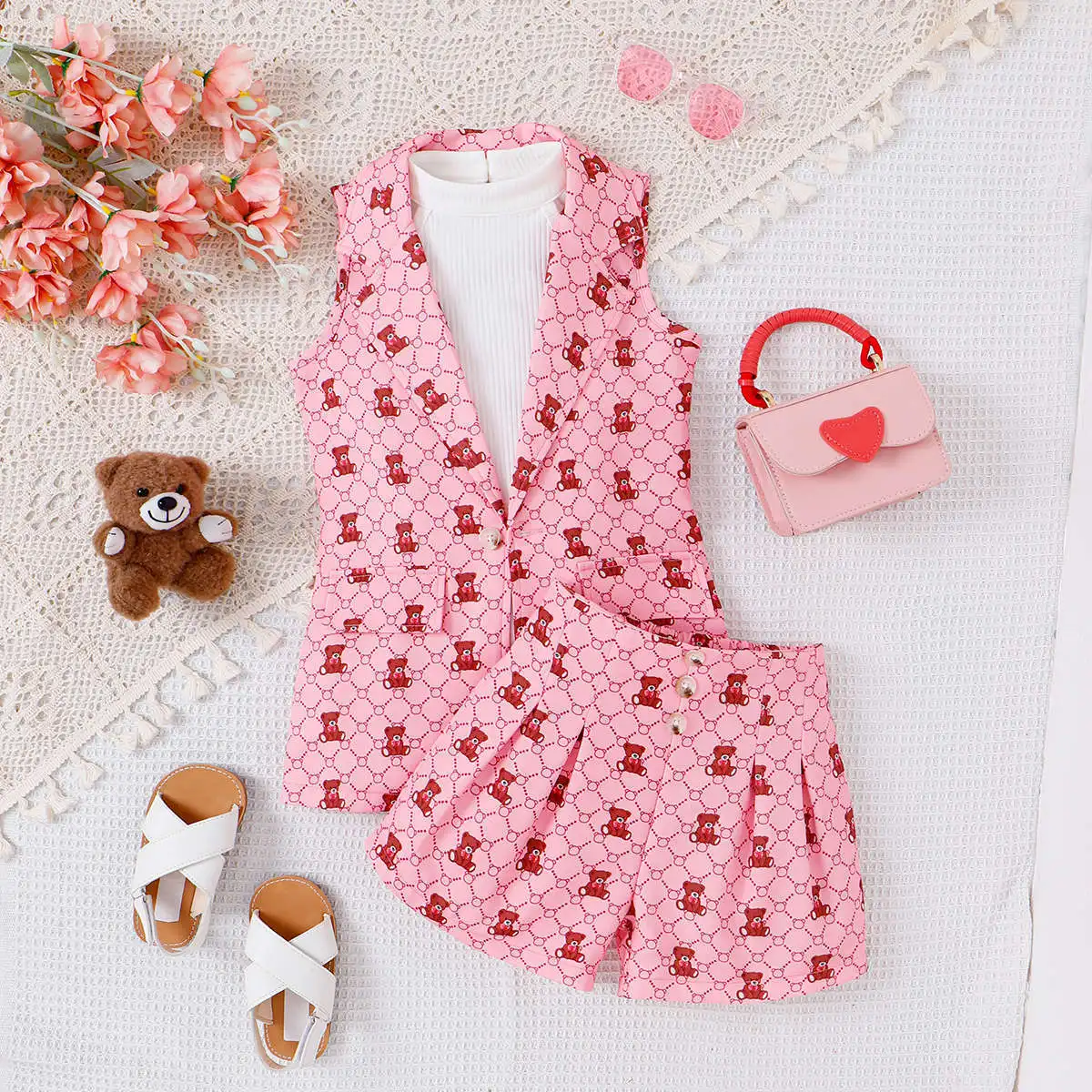 Hot sale kids clothing cute bear printing sleeveless lapel coat+vest+shorts three piece boutique clothing for girls