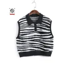 Vest Woman Custom High Quality Zebra Striped Polo Neck Vest Autumn Woman Sweater
