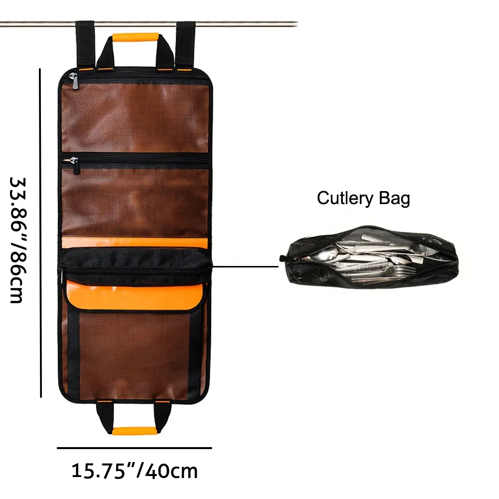 Camping Tableware Hanging Organizer Bag Canvas Outdoor Picnic Barbecue Cutlery Roll Pouch Flatware Storage Bag