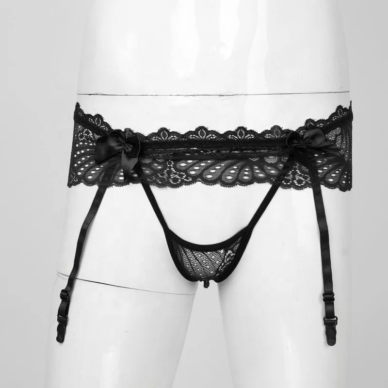Men Lace Bowknot Crotchless T-Back Adjustable Garter Belt G-String Sissy Underwear