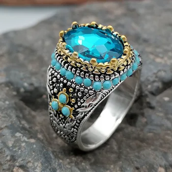 2022 New Vintage Black Natural Stone Rings Handmade Turkish Signet Ring Punk Diamond Inlaid Turquoise Ring for Men