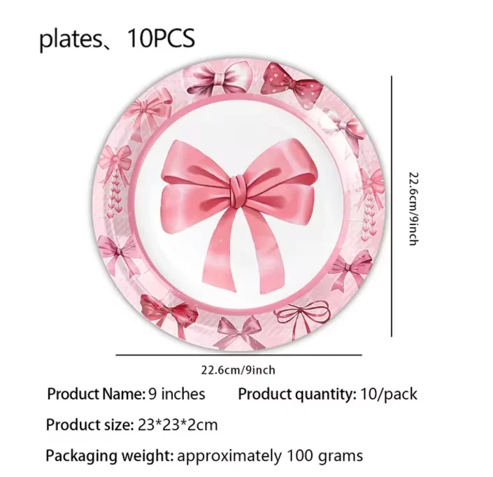 Pink Bow Theme Birthday Party Tableware Set Girls Favor Party Decorations Disposable Paper Plates And Cups