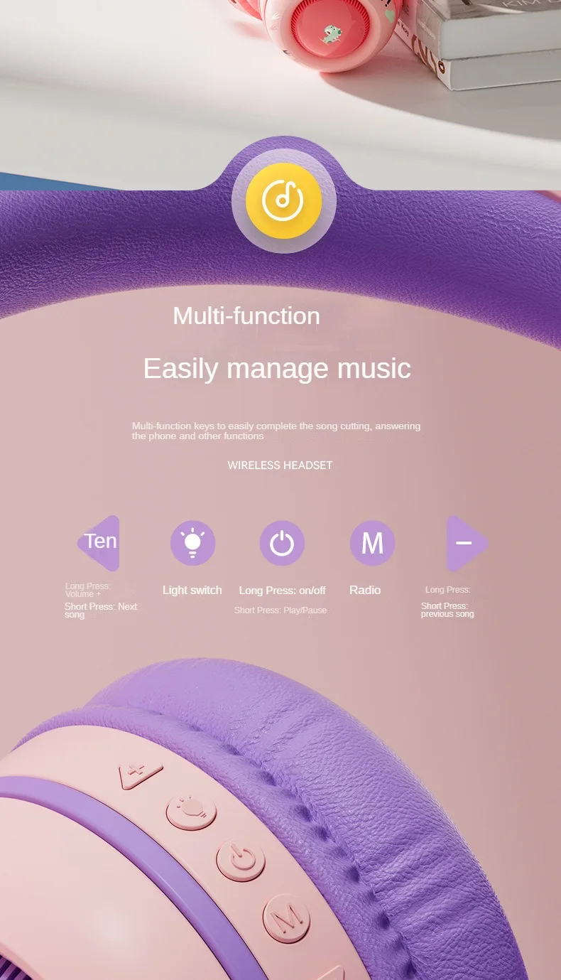 Cross-border Headset Bluetooth Headset Wireless Cute Luminous Dinosaur Children's Headset Music Girl Headset with Microphone