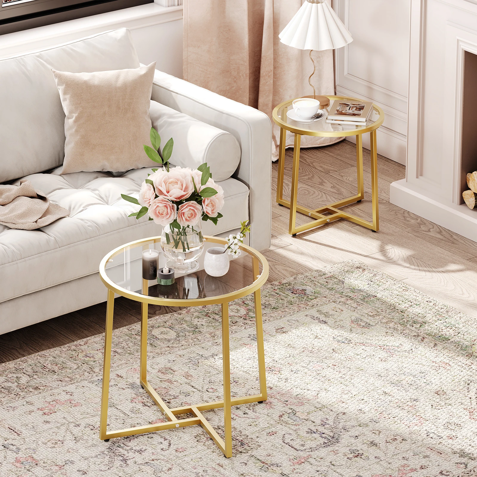 Wholesale Living Room Modern Round Nesting Glass Gold Coffee Table Set of 2 Center Table Stacking Side End Table with Storage