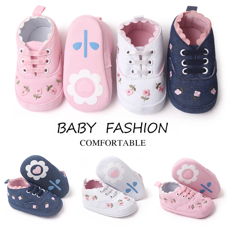 New Spring and Autumn Pure Color Denim Embroidered Flower Front Lace-up Cute Fashion Infant Princess Toddler Shoes for Baby Girl supplier