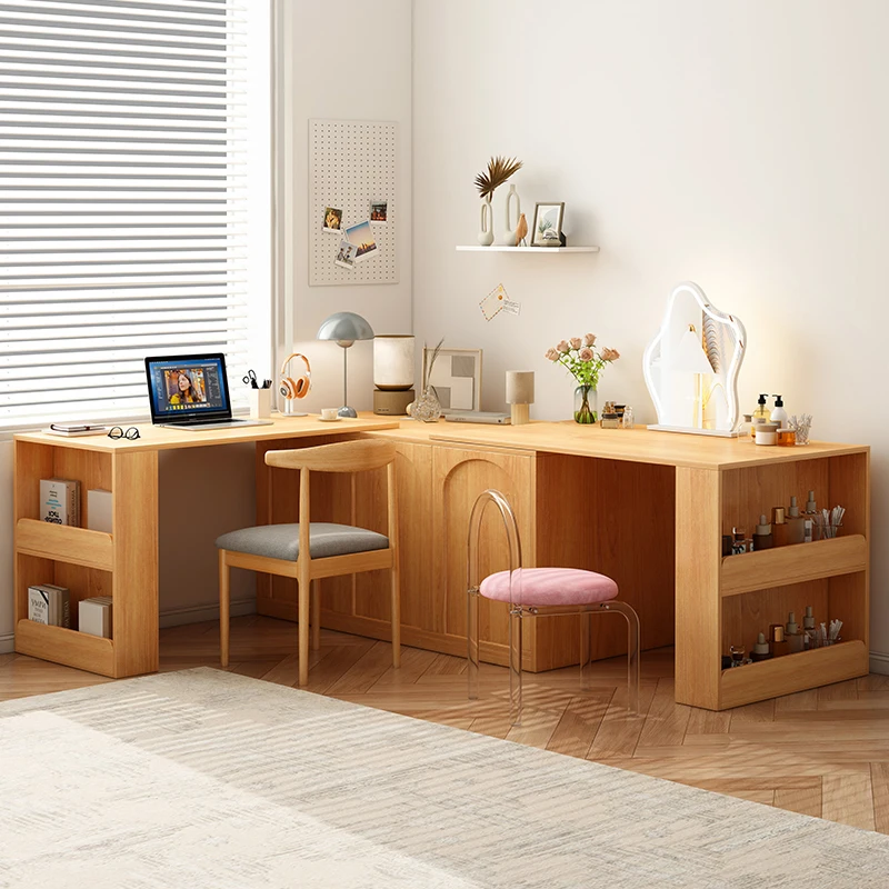 Modern dressing table White Oak Wooden Makeup Vanities for Bedroom with Chair and Hidden Drawer