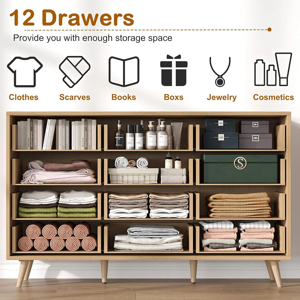 product 12 drawer double dresser modern oak chest dressers with golden handles for bedroom and living room natural-3