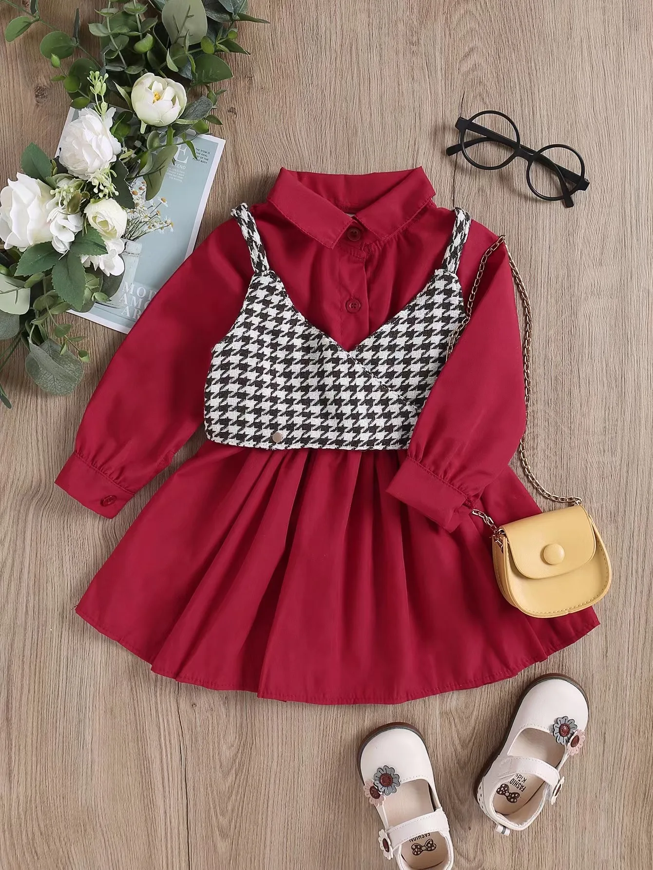 Fashion toddler kids baby girl clothes 2pcs sets long sleeve button shirts dress plaid vest children casual clothing outfits