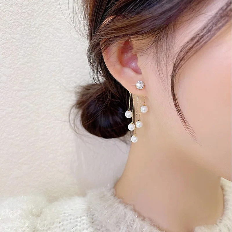 French Vintage Gold Plated Pearl Dangle Earring For Women Party Jewelry Shiny Crystal Rhinestone Stud Long Tassel Earrings 2024