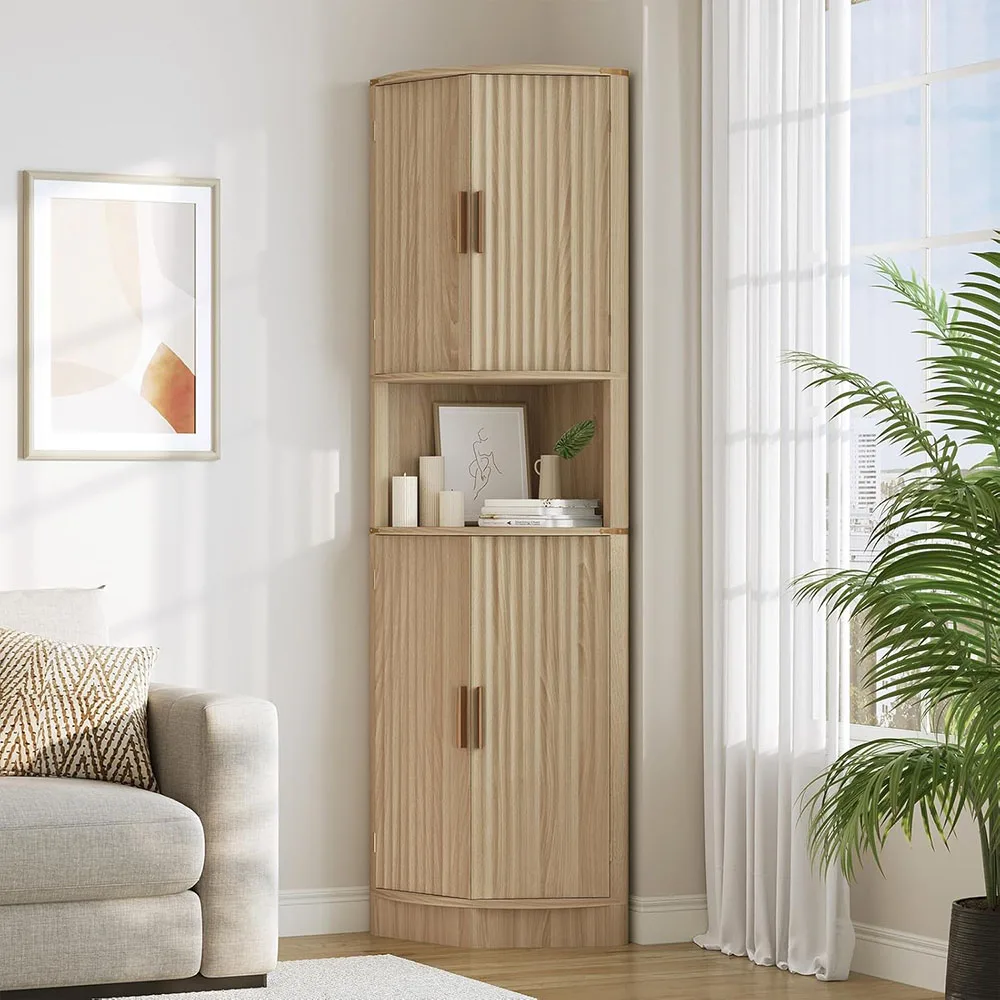 68" Tall Modern Wood Corner Storage Cabinet 4 Doors 5 Shelves Pantry Hutch Cupboard Space Saver Kitchen Living Room manufacture