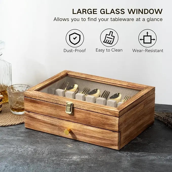product wooden silverware chest with glass lid 2 drawer flatware storage box felt lined cutlery organizer for kitchen dining utensils-5