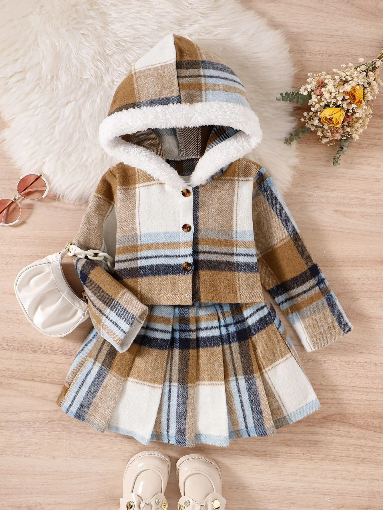 High quality new autumn kids clothes girls boutique outfits lamb plaid hoodie tops+pleated skirt warm toddler clothing
