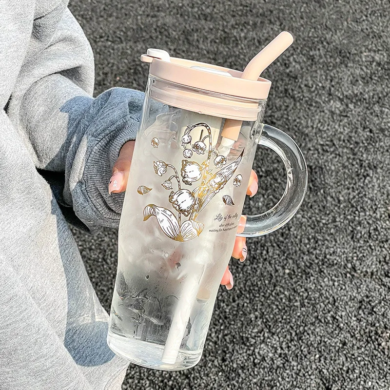 30oz household high temperature resistant glass water bottle handle Cup 550/1000ml cute flower handy glass cup with straw