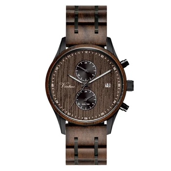 2020 New Design Luxury Wooden Watches Dual Time Men Wrist Custom Logo Low MOQ Chronograph Quartz Stainless Steel Wood Watch