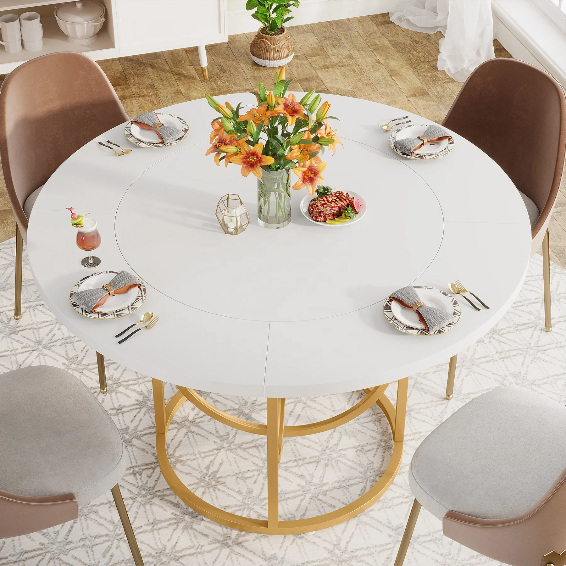 Tribesigns Modern Round 47 Inch White Kitchen Table with Gold Base Wood Dining Table Coffee Table for Home Furniture