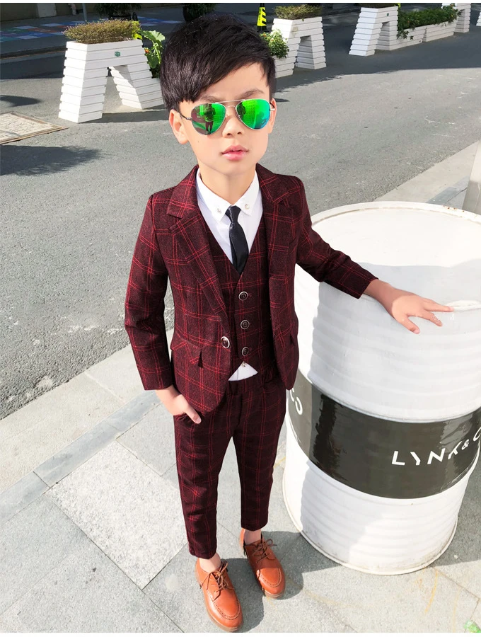 Plaid Boys Dress Suits Formal Tuxedos Children School Clothes Blazer Teenager Kids Party Outfits