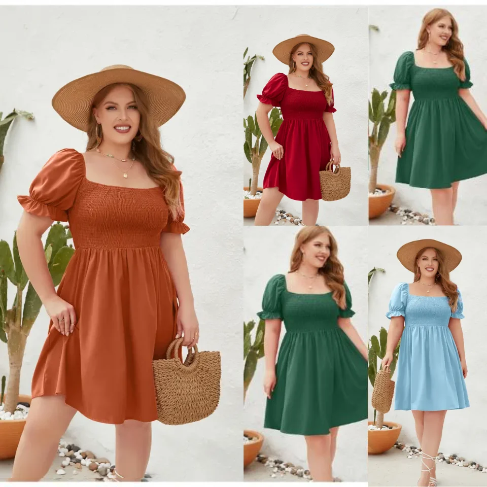 YingTang Custom High Quality plus size women clothes 2023 solid color square collar puff sleeve oversize women dresses