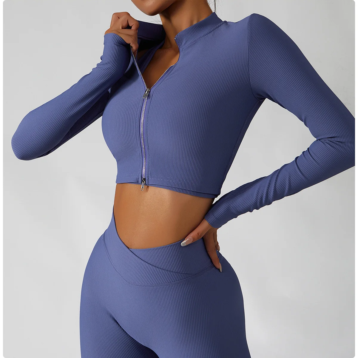 Custom Logo Wholesale Workout Solid Color Quick Dry Women's Zipper Long Sleeve Jacket Girls Cropped Navel Yoga Fitness Top