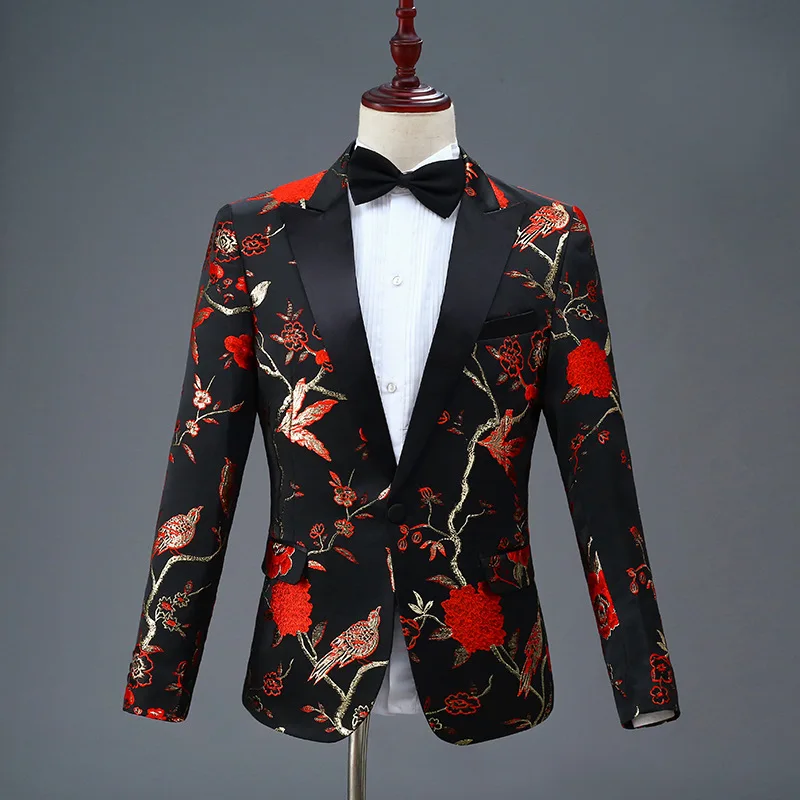 Custom Men's Woodpecker Jacquard Suit Host MC Stage 2 Pieces Blazer and Pants Banquet Party Wedding Blazers