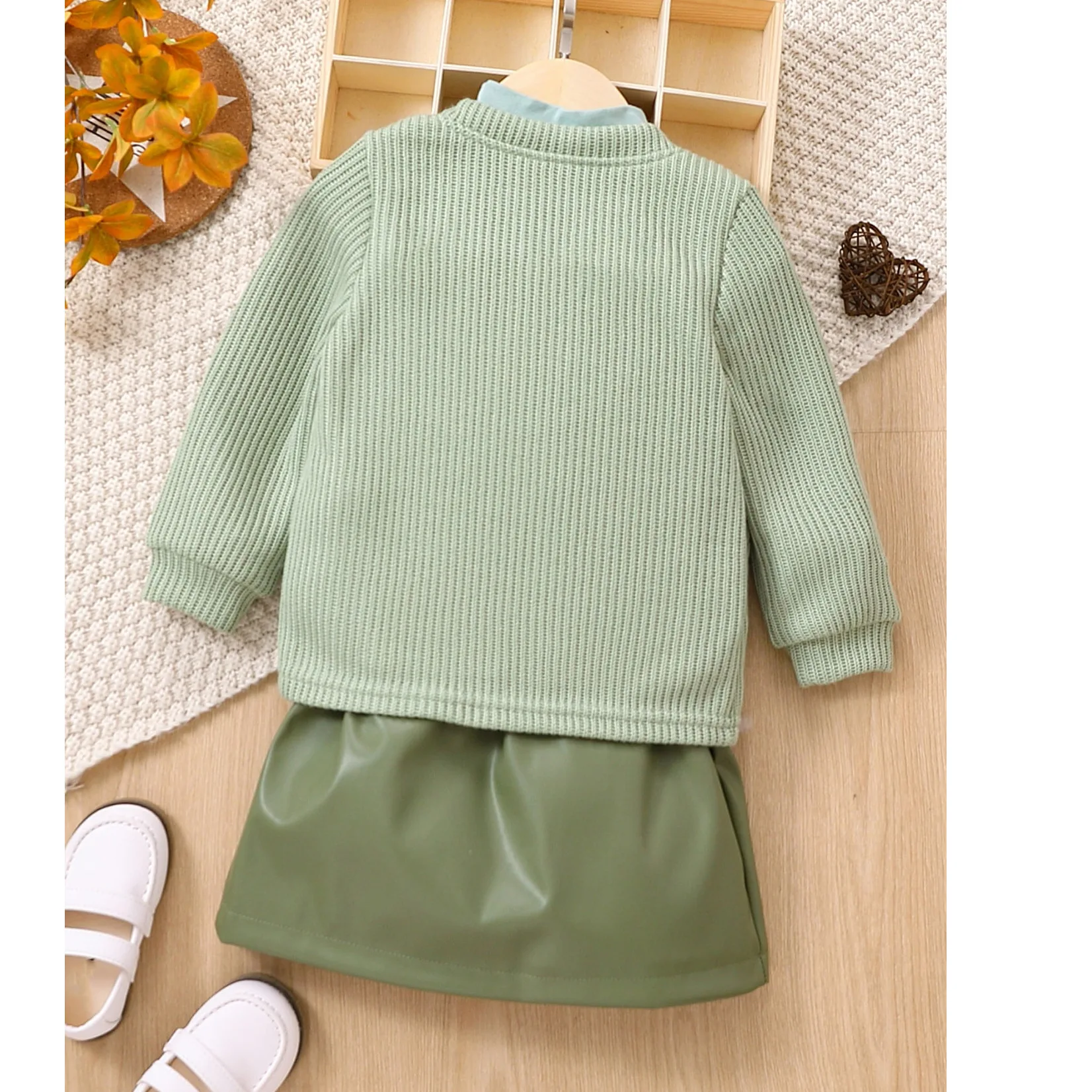 New arrival toddler girls clothes fashion outfits leather skirt+shirts+cardigan sweater 3pcs boutique kids clothing suits