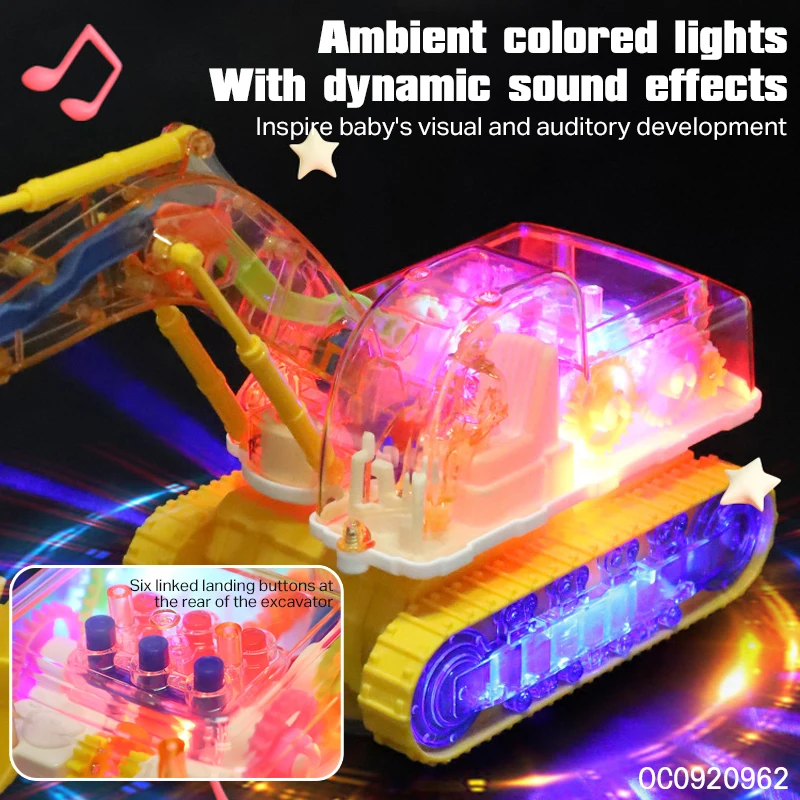 Electric transparent gear plastic enginering truck excavator toy with light