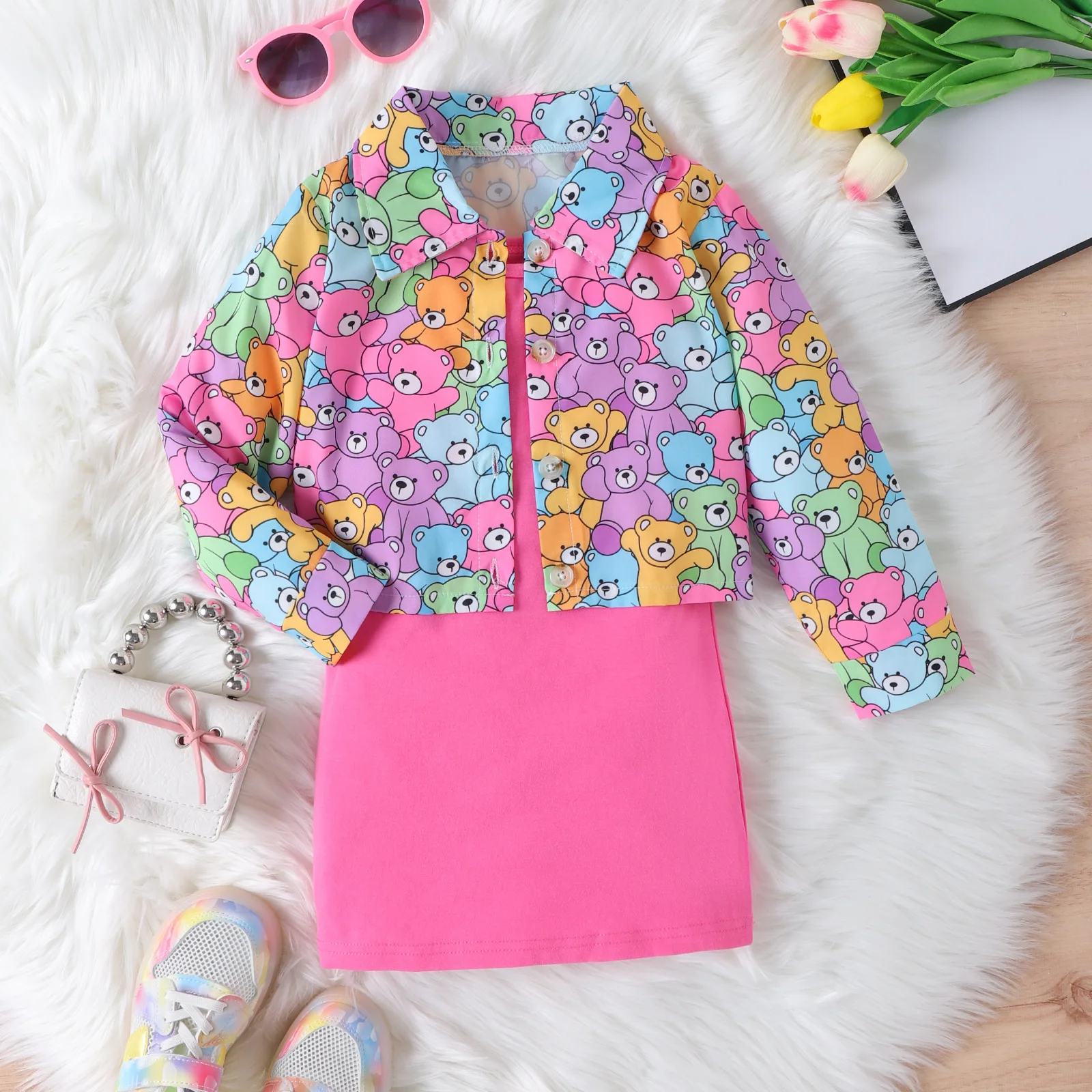 Korean style spring autumn kids clothing printing long sleeve t-shirt matching solid sleeveless knitting dresses for girls