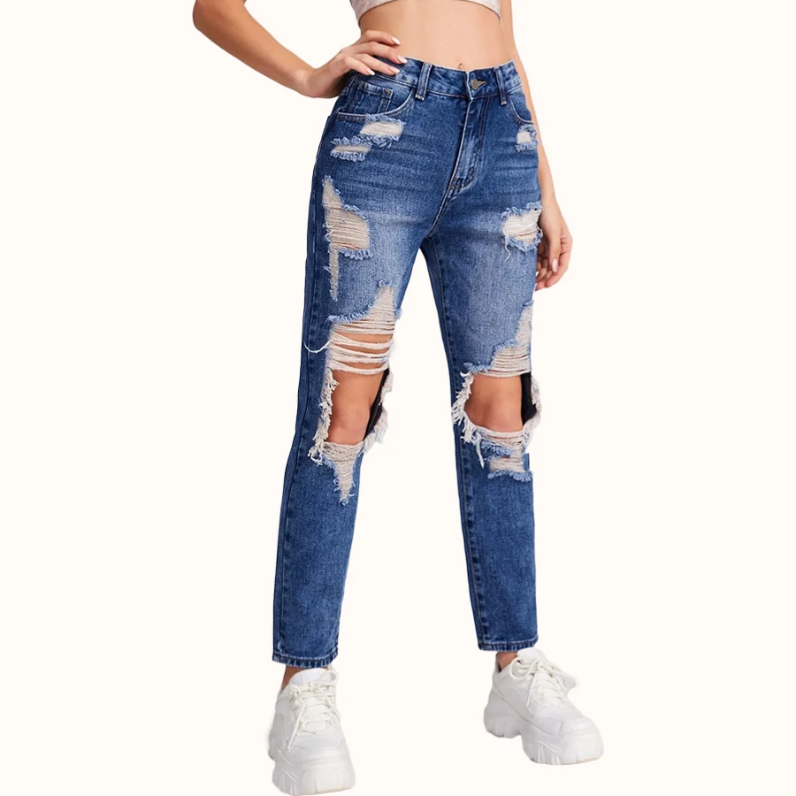 Cotton Bootcut Jeans Mid Wash Ripped 