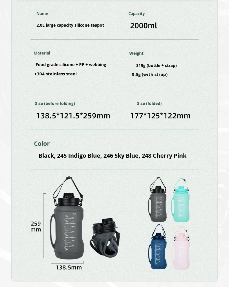 Custom 2L Silicone Sports Water Bottle Portable Foldable Large Capacity Outdoor Camping with Direct Drinking Handle for Tours details