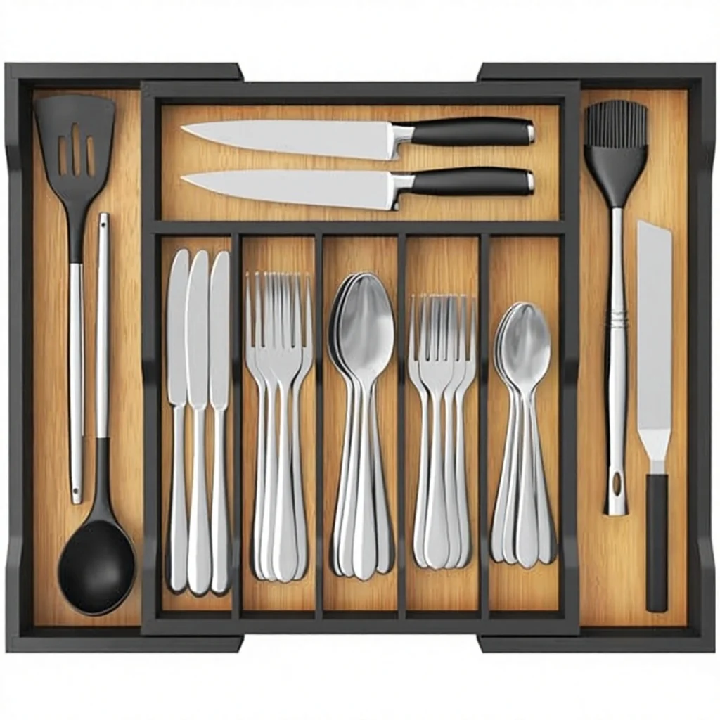 product new expandable bamboo kitchen drawer organizer adjustable utensil tray for silverware flatware cutlery storage-2