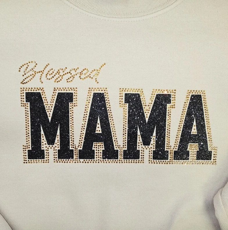 New style red glitter blessed mama crystal transfers sequin patches letter alphabet rhinestone template heat transfer