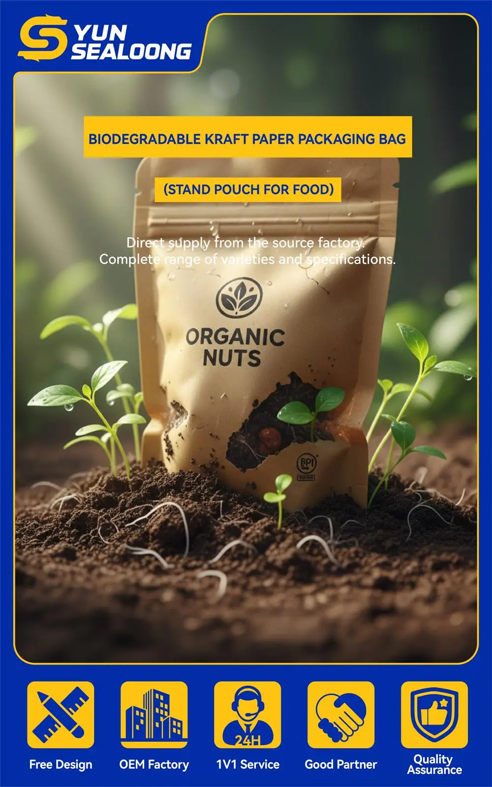 Biodegradable Kraft Paper Packaging Bags Compostable Zipper Stand Pouch for Food for Sushi Plastic Material Gravure Printing