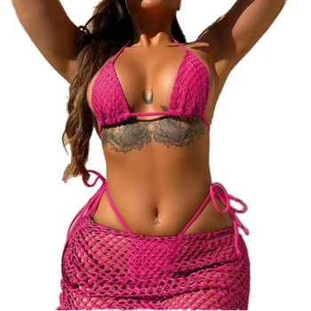 Factory Wholesale Women's 3-Piece Bikini Set Breathable Brazilian Swimwear & Beachwear for Adults & Girls Beach Skirt Included