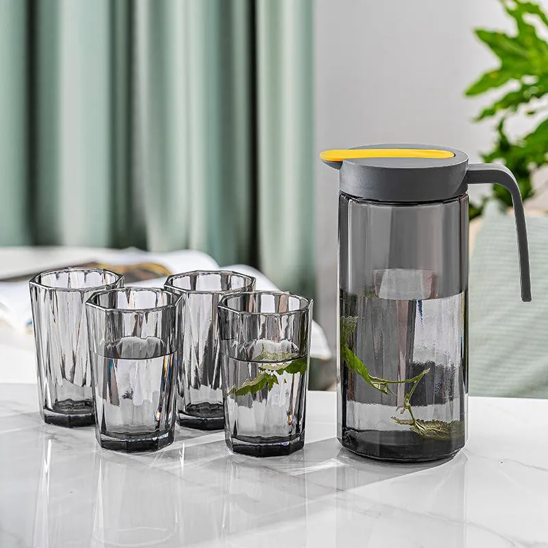 32oz 1Liter Round Glass Water Juice Jug With 4pcs Glass Cup Glass Drinking Set For Coffee Juice