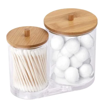 2Pack Qtip Holder Dispenser with Bamboo Lids double Clear Plastic Jar Containers for Vanity Makeup Organizer Storage